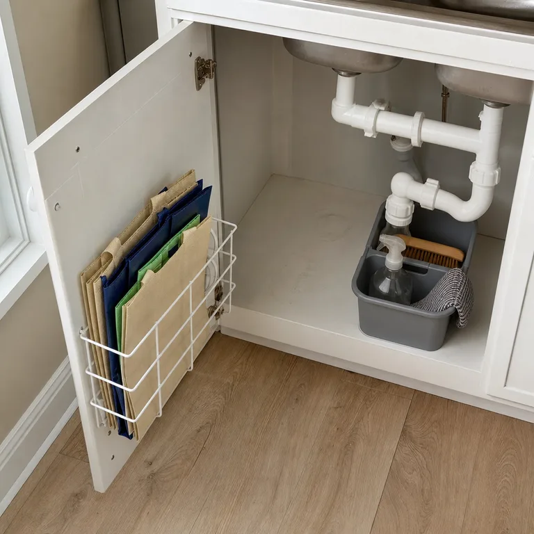 A white wire basket on an under-sink cabinet door stores flattened reusable bags.
