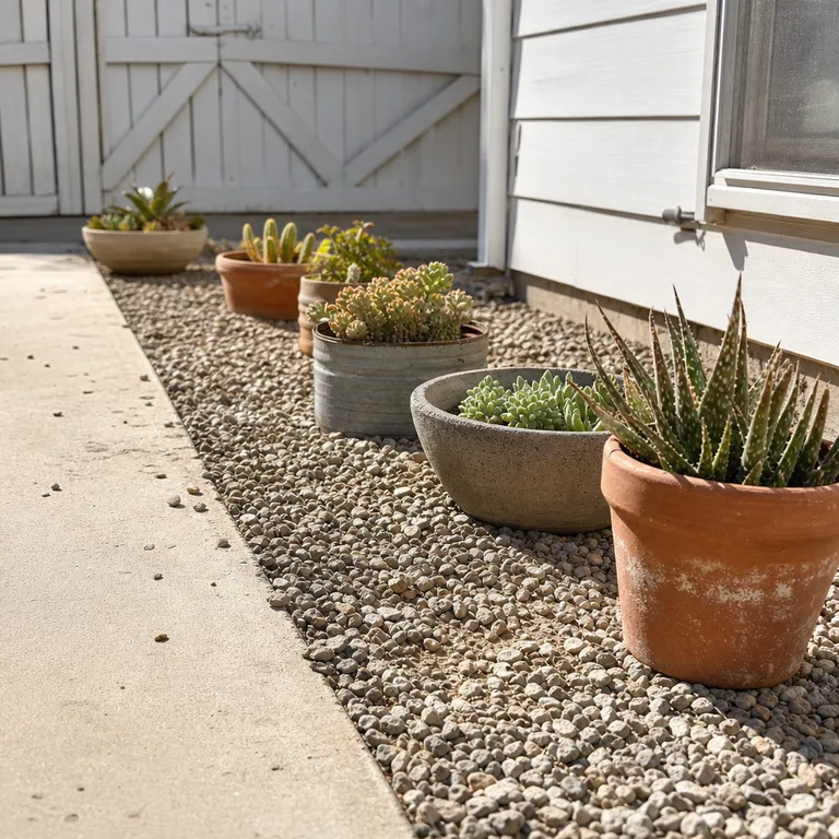 Drought-tolerant plants in mixed pots sit on a gravel edge beside a patio.
