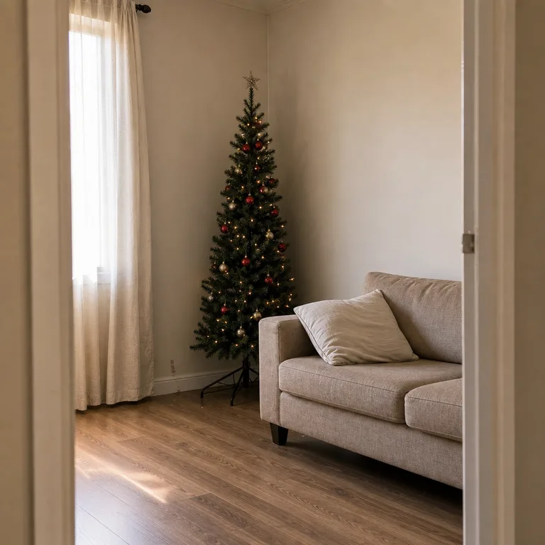 A slim Christmas tree stands in the corner beside a small sofa, leaving the center of the living room open.