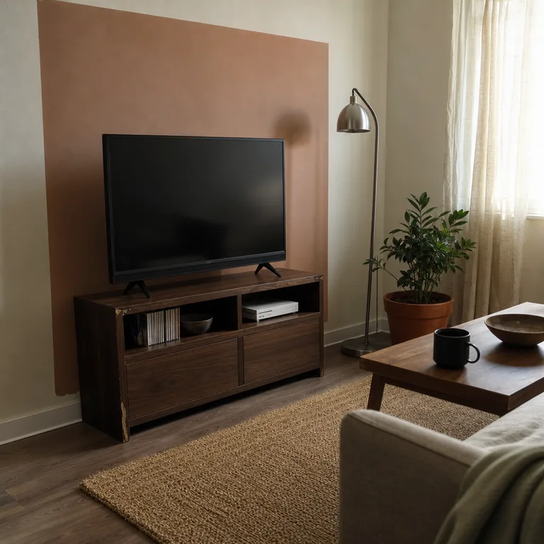 A TV on a walnut-look stand set against a wide muted clay painted rectangle.