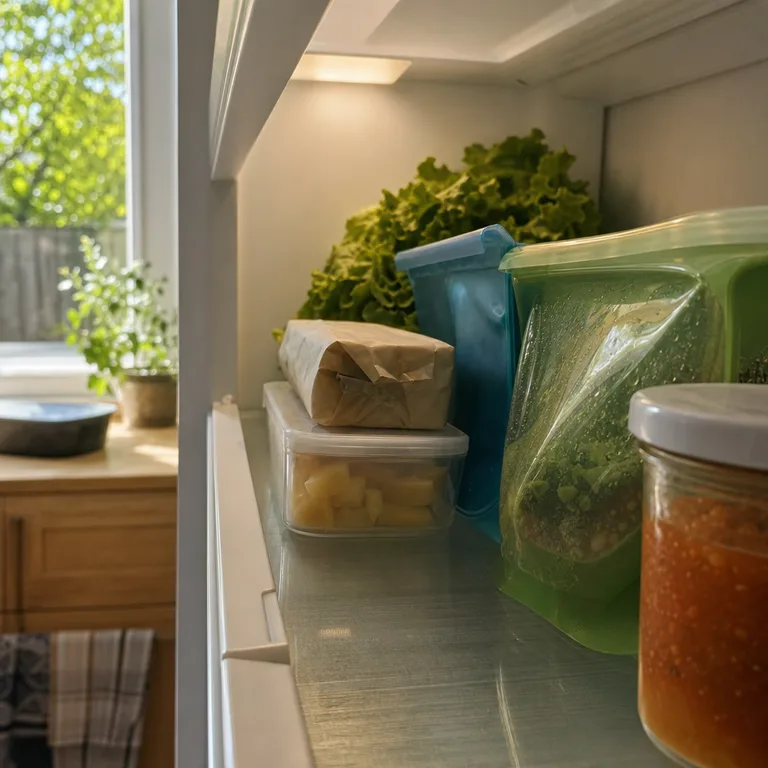A narrow refrigerator shelf lane holding small lunch ingredients.