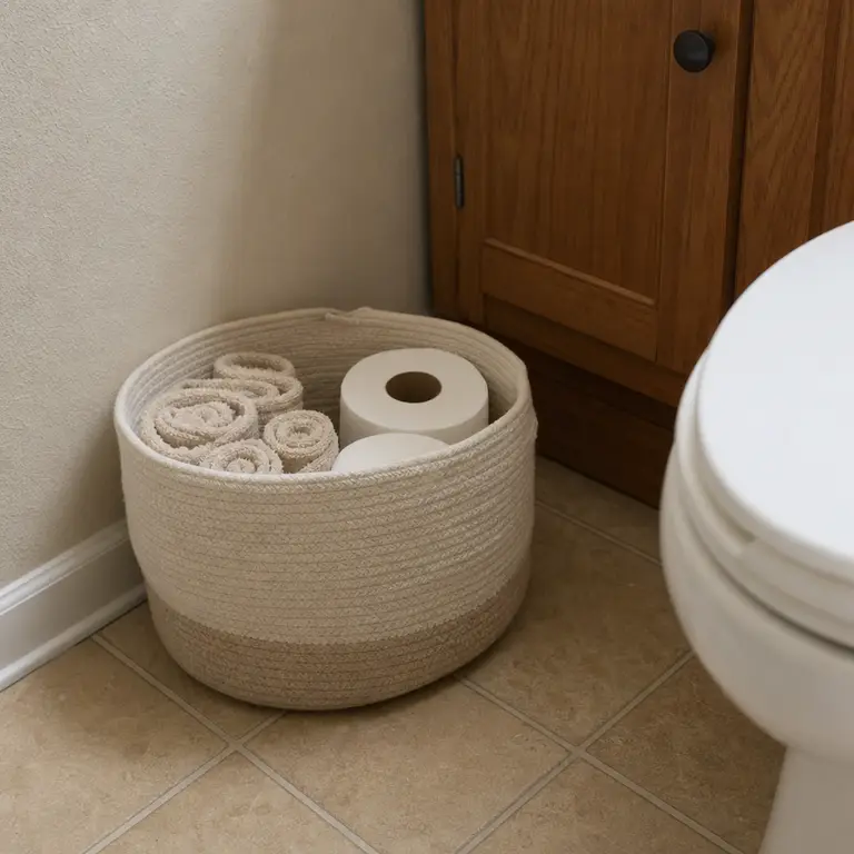 A soft basket stores washcloths and spare toilet paper in a dry bathroom corner.