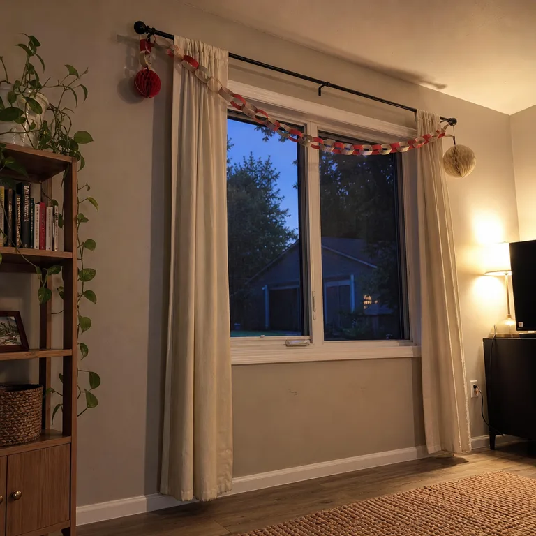 Paper garland draped from a curtain rod above an apartment window with curtains still usable.