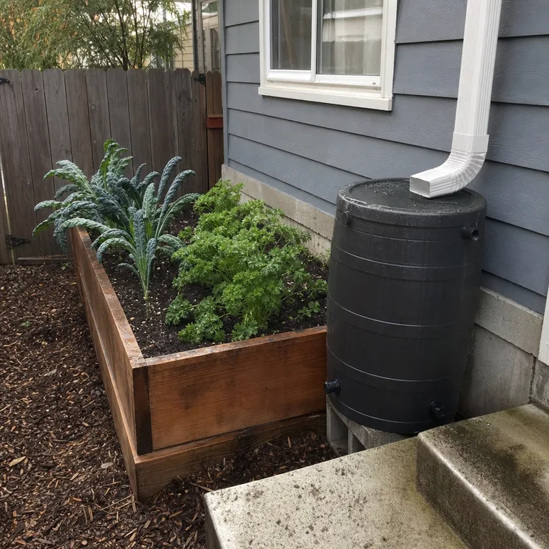 A compact raised bed near a downspout and rain barrel beside a house.