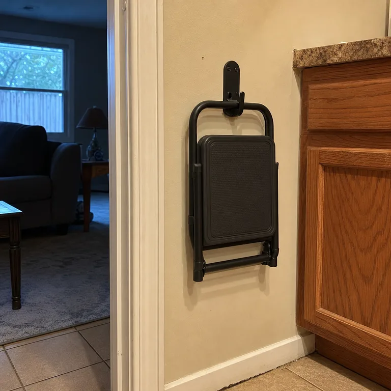 A compact folding step stool hanging flat on a wall hook beside a kitchen doorway.