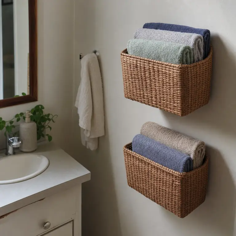 Wall-mounted baskets holding folded hand towels beside a small bathroom sink.