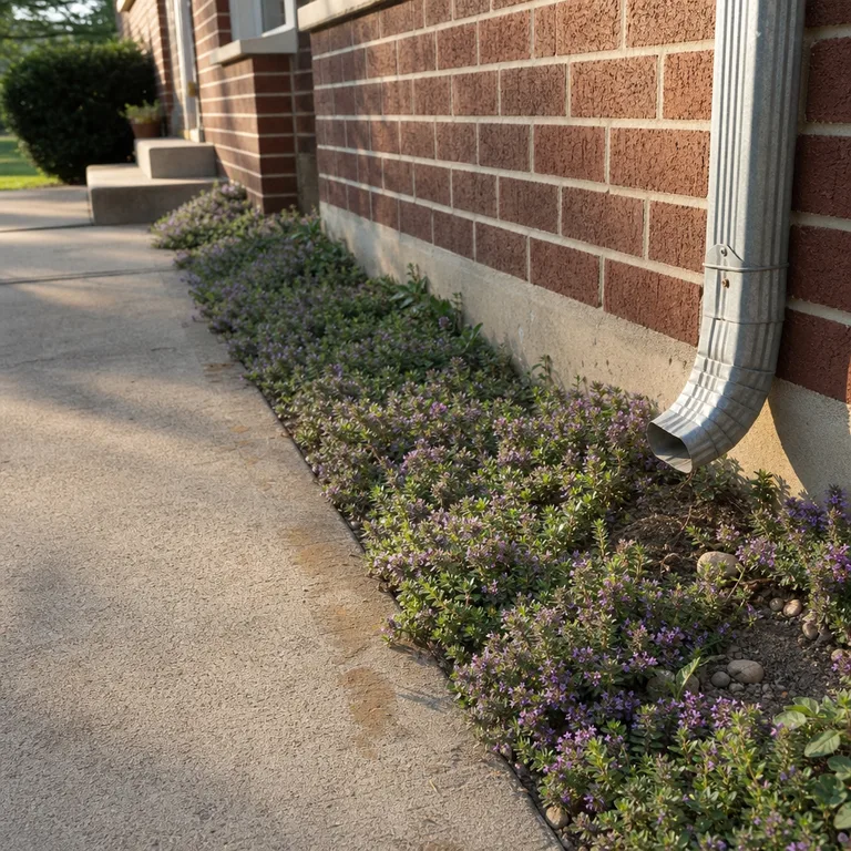 Creeping thyme filling a narrow, sunny strip beside a concrete walkway.