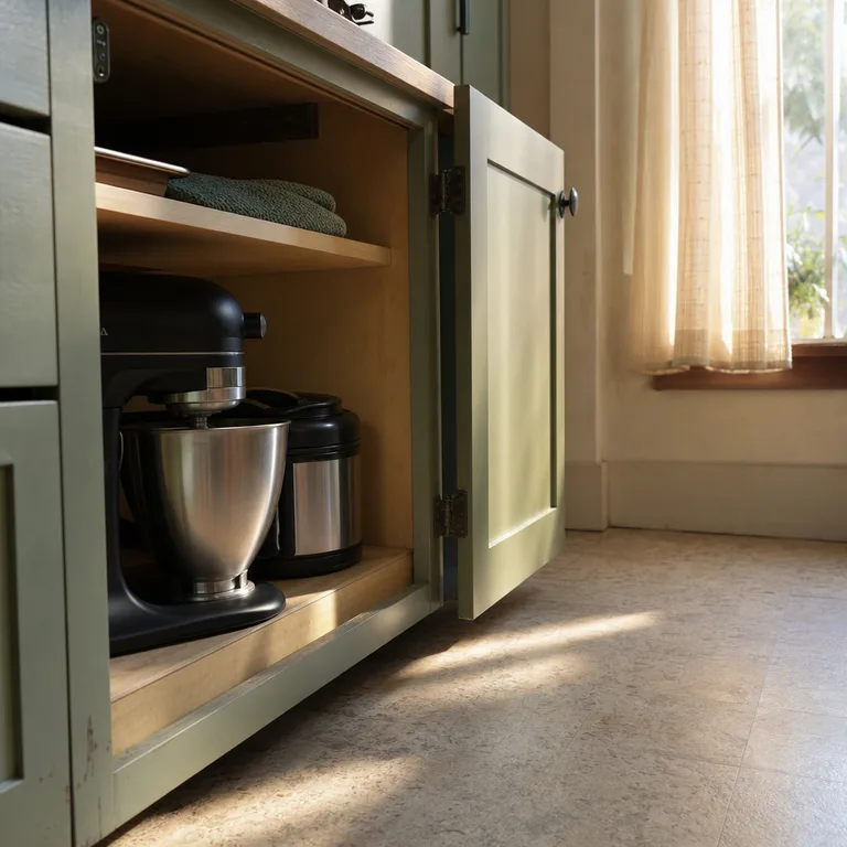 Heavy small appliances stored on the lowest shelf of a base cabinet.