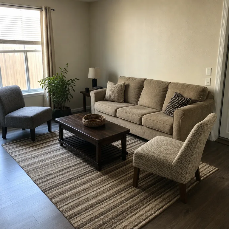 A striped flatweave rug grounding a compact living room seating area.