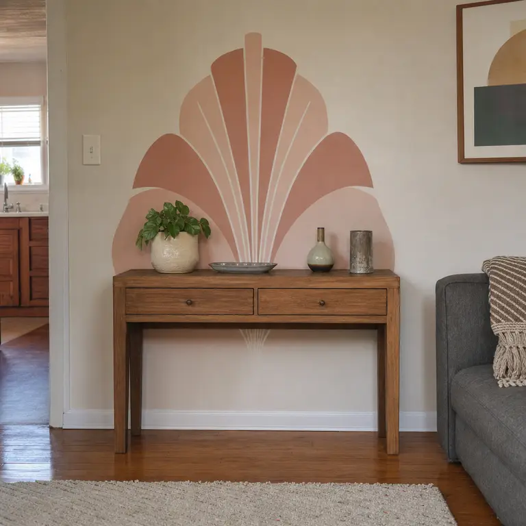 A painted fan motif behind a living room console table.