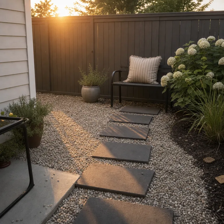 Broad rectangular pavers cross a pale gravel area from a patio to a garden bench.