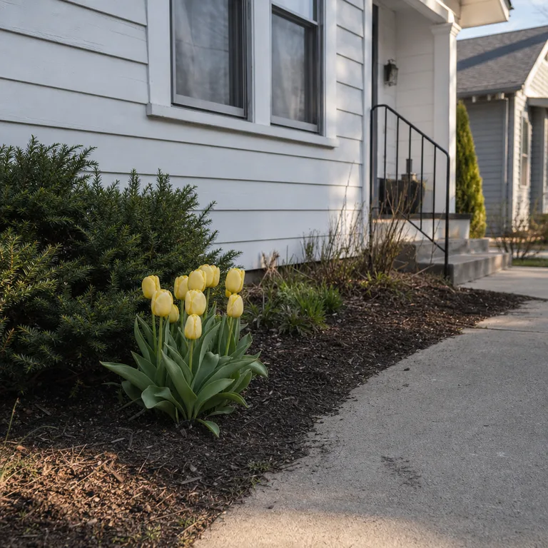 A rounded clump of yellow tulips blooming in a small mulched bed beside a bungalow walkway.