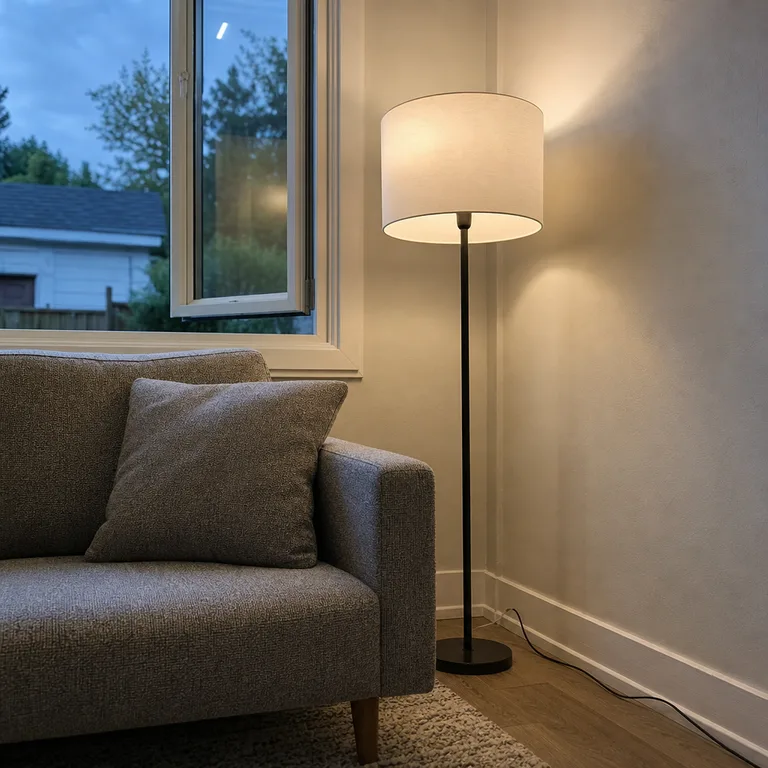 A floor lamp stands beyond the sofa arm, outside the swing of an open living-room window.