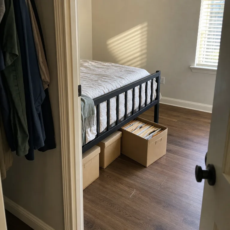 Low lidded file boxes under a bed for household documents.
