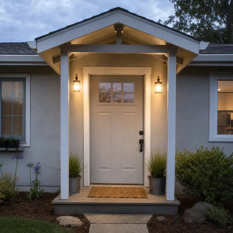Battery-powered lanterns sit beside a small covered front door.
