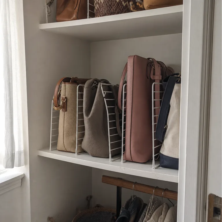 Wire dividers separate handbags by size on a bedroom closet shelf.