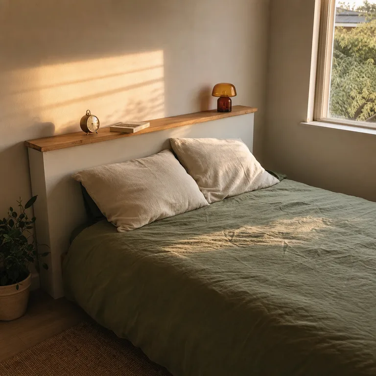 A shallow pine ledge built into a painted headboard holds bedside essentials behind the pillows.