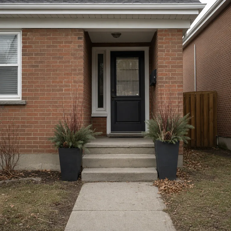 Two narrow evergreen planters sit against the outer walls of a small brick entry.