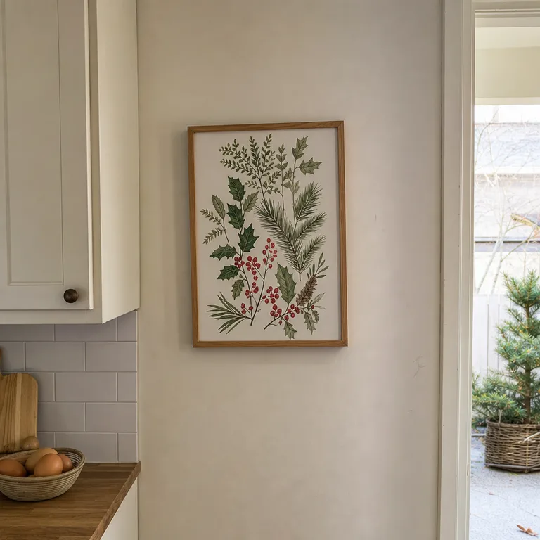 A small framed Christmas botanical print fills a narrow kitchen wall beside a pantry.