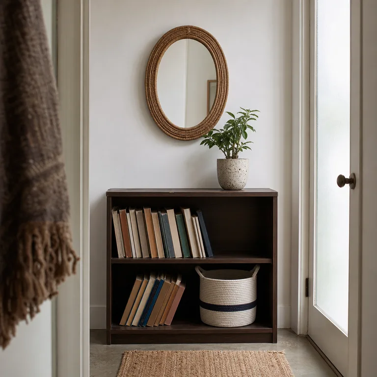 Small oval rattan mirror above a low bookcase with books, a planter, and storage basket.