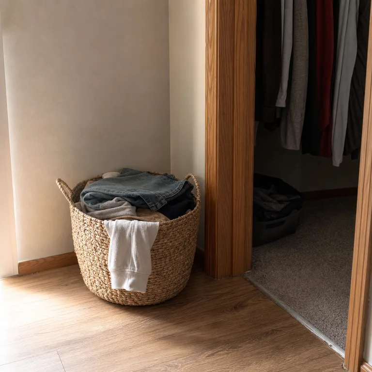 A woven basket beside a bedroom closet holding clothing for a seasonal rotation.