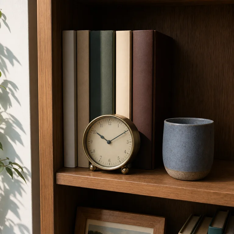Large books at the back of a shelf create a backdrop for a small clock and cup.