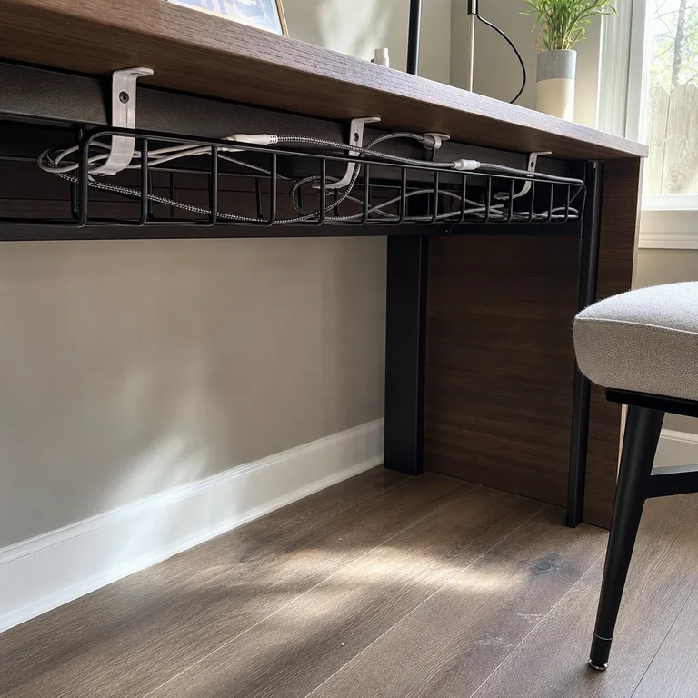 A wire tray under a desk holds power adapters and routes charging cables away from the work surface.
