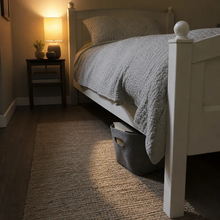 A soft felt bin beside a twin bed stores a small group of bedtime books.