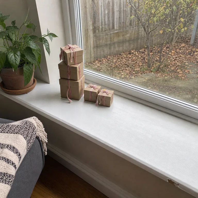 Small reusable gift boxes arranged in a compact stack on a living-room windowsill.