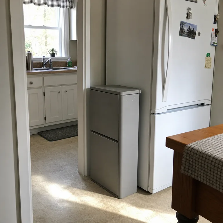 Slim divided trash and recycling bin placed beside a refrigerator in a small rental kitchen.