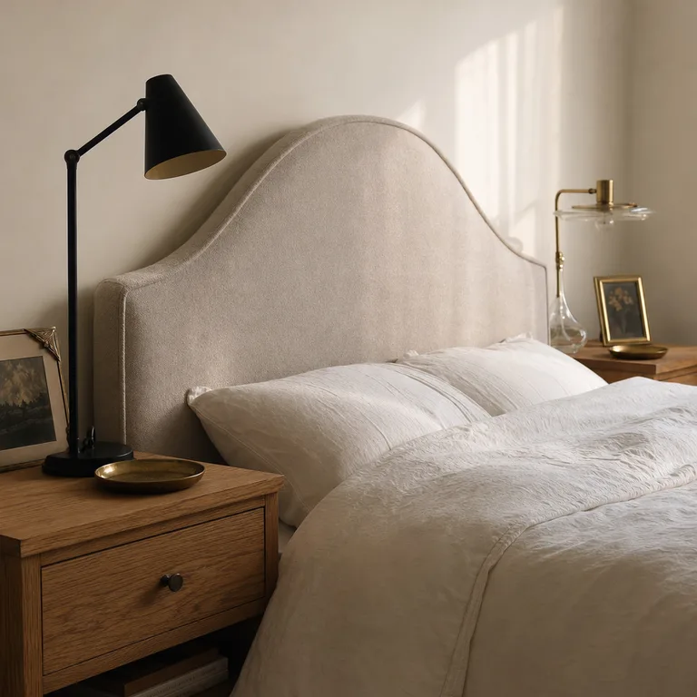 Black and glass bedside lamps coordinated with repeated aged-brass accents.
