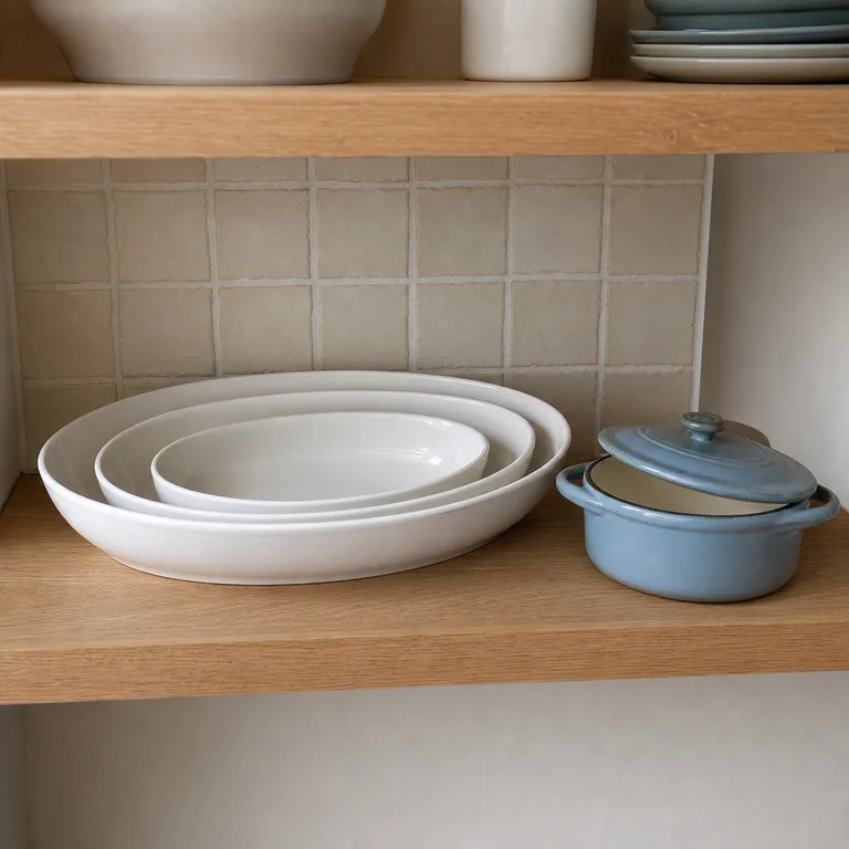 Nested serving platters and a small casserole dish grouped on an oak open shelf.