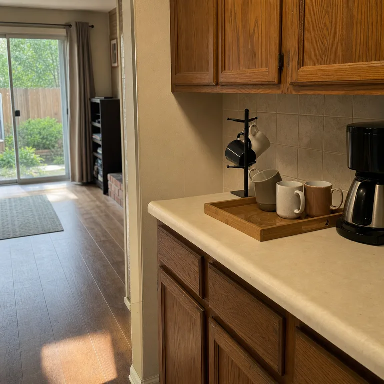A small coffee setup on the end section of a laminate kitchen counter.