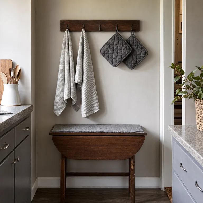 Pale gray towels, dark gray pot holders, and a medium gray runner use monochrome shades and varied weaves.