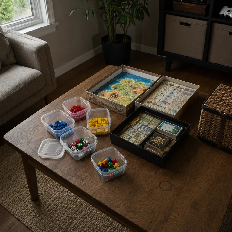 Clear labeled containers holding board game pieces on a living room coffee table.
