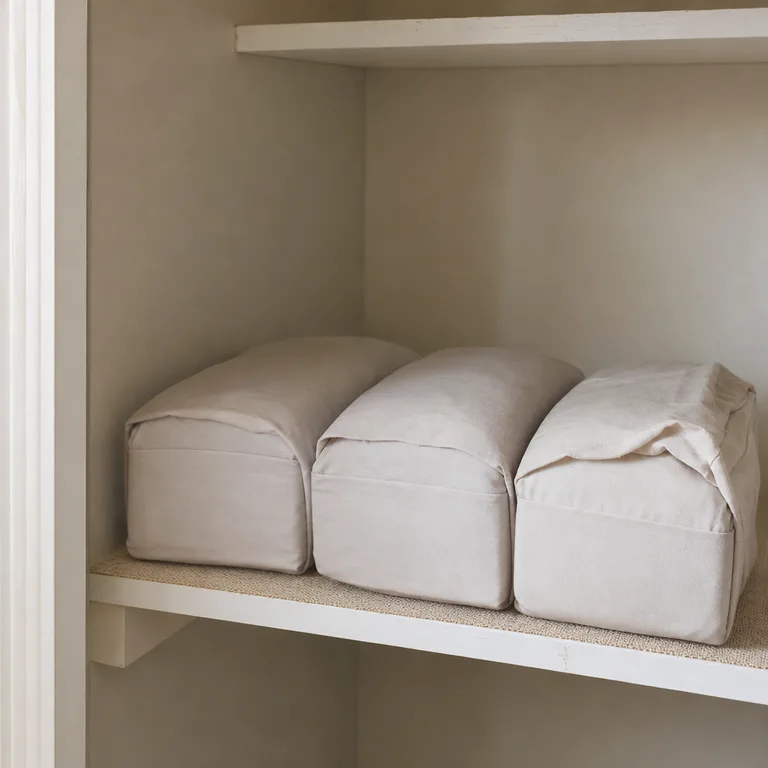 Matching folded sheet sets stored inside pillowcases on a closet shelf.