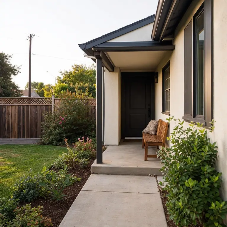 A narrow bench sits beside the door on a small covered porch.
