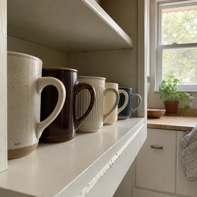 Mismatched mugs arranged in one cabinet row with their handles aligned toward the opening.