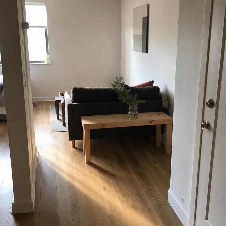 A compact living room uses a narrow bench behind a sofa for extra holiday seating while leaving a clear walkway from the entry.