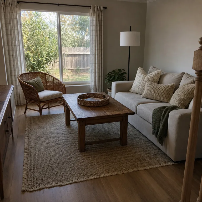 A small living room mixing a rattan chair and tray with wood furniture and soft neutral textiles.