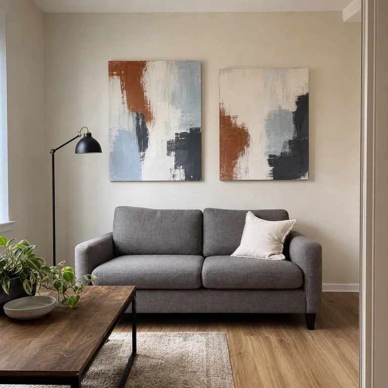 Two large handmade abstract canvases hanging above a gray loveseat.