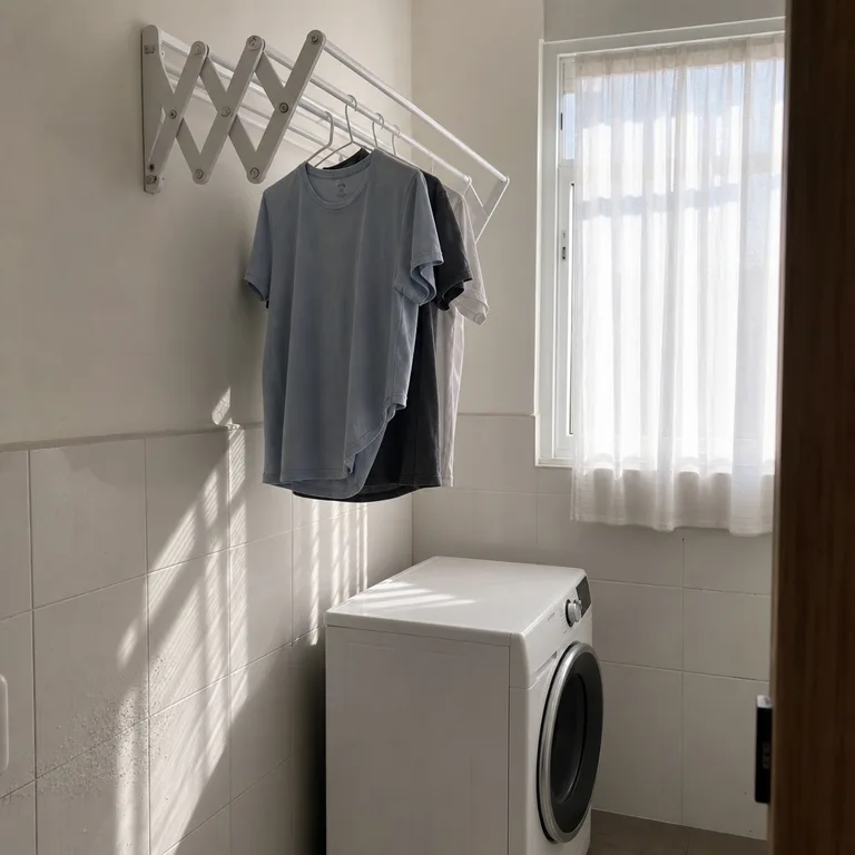 Fold-out wall drying rack holds a few garments above a washer in a compact bathroom.