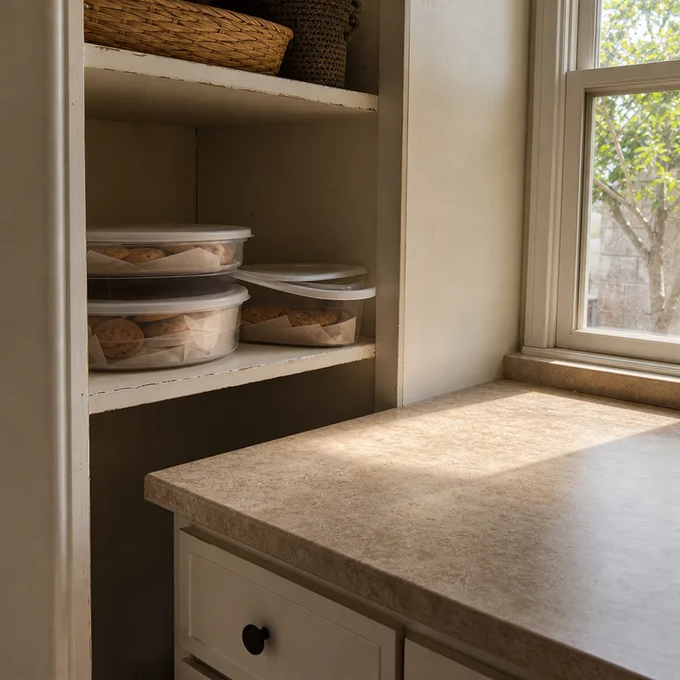 Shallow lidded containers of cooled cookies are stacked on a pantry shelf away from the baking counter.