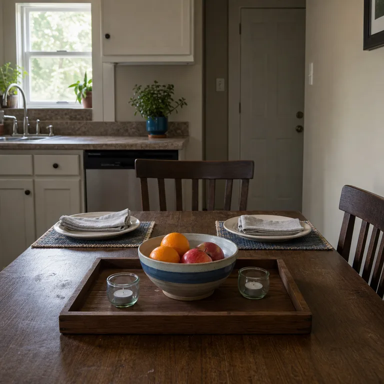 Low tray with a fruit bowl and short candleholders centered on a small kitchen dining table.