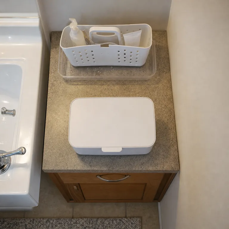 A removable perforated caddy sits on a drain tray at one end of a bathroom vanity, apart from a dry toiletry bin.