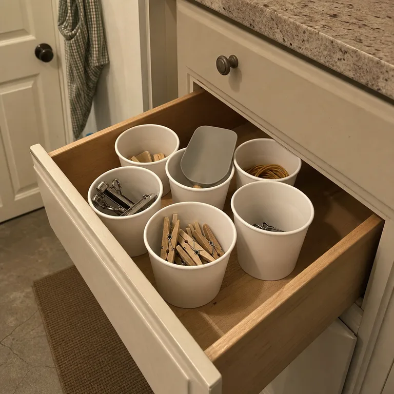 Removable small cups in a kitchen drawer holding bag clips and tiny kitchen parts.