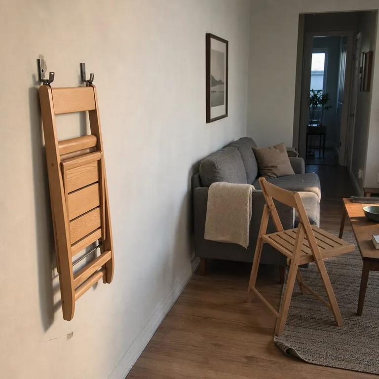 One folding chair hangs on a living-room wall while another is opened as temporary seating.