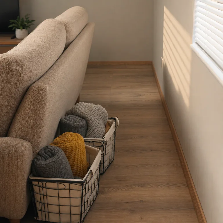 Canvas-lined wire baskets behind a tan sofa hold rolled blankets.