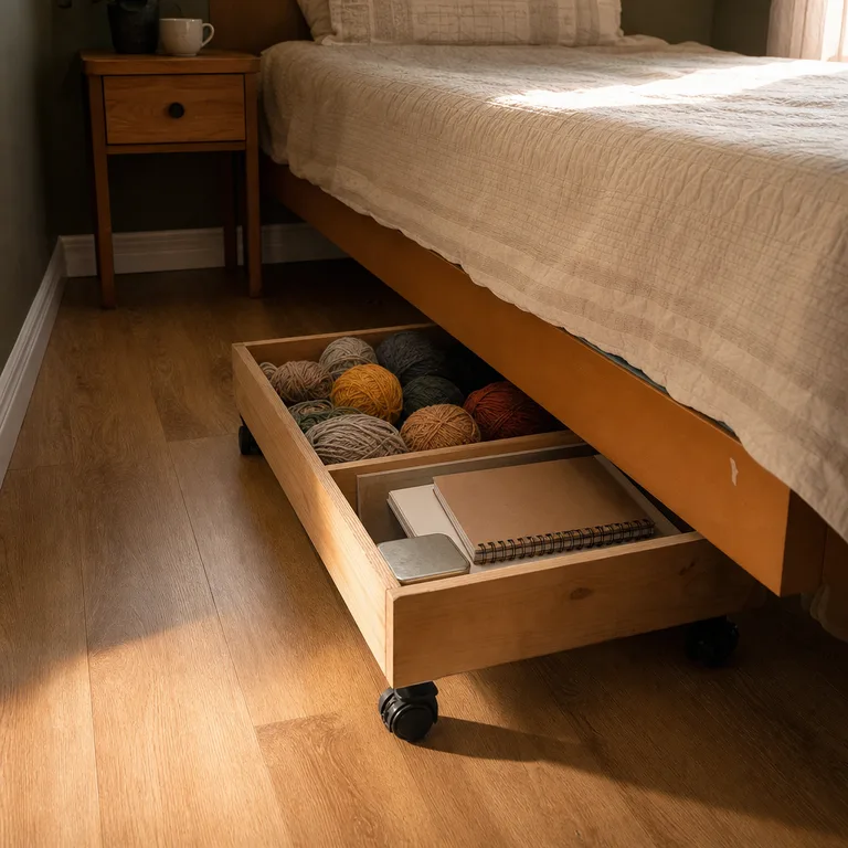 A wheeled wooden crate pulled from under a bed to access hobby supplies.