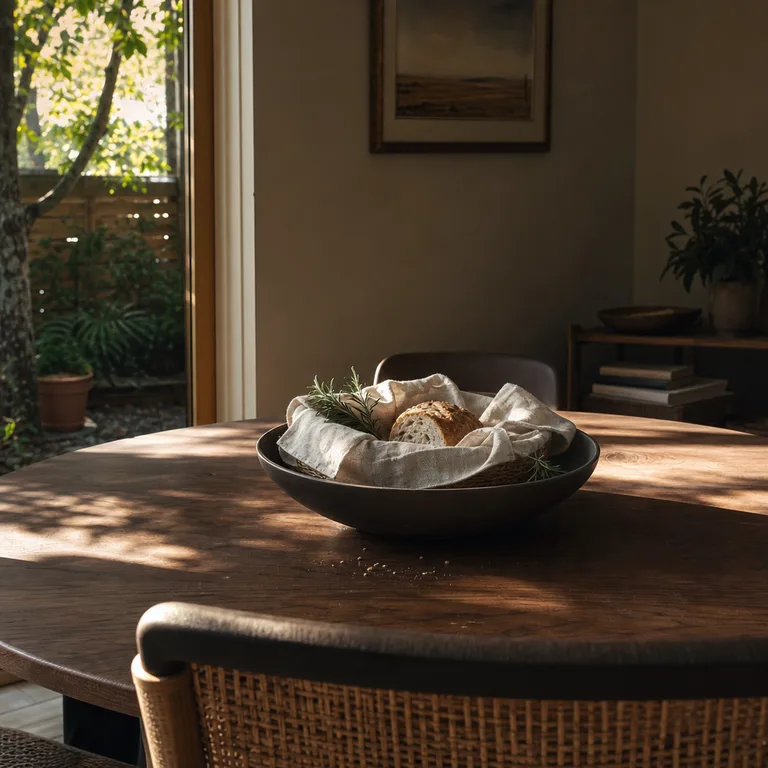 A linen-lined woven bread basket sits inside a wide charcoal serving bowl with rosemary sprigs.